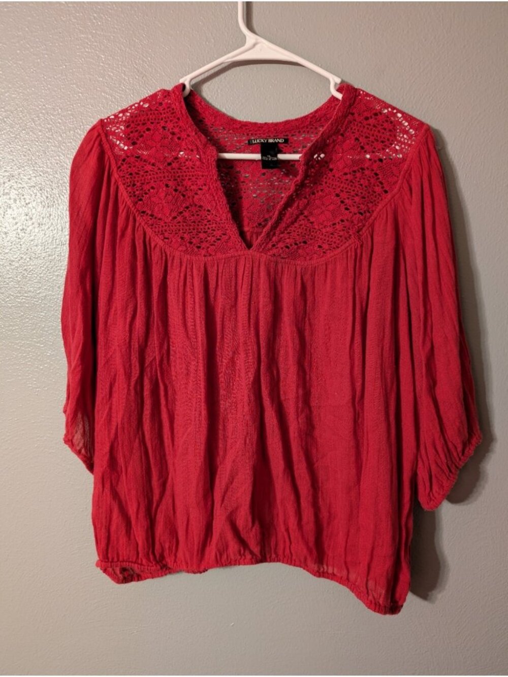 Lucky Brand Womens XL Red Crochet Lace Yoke Gauze Peasant Blouse Top 8WW1764